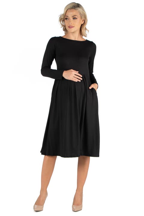 Maternity Midi Length Fit and Flare Pocket Dress