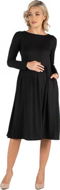 24seven Comfort Apparel Maternity Midi Length Fit and Flare Pocket Dress