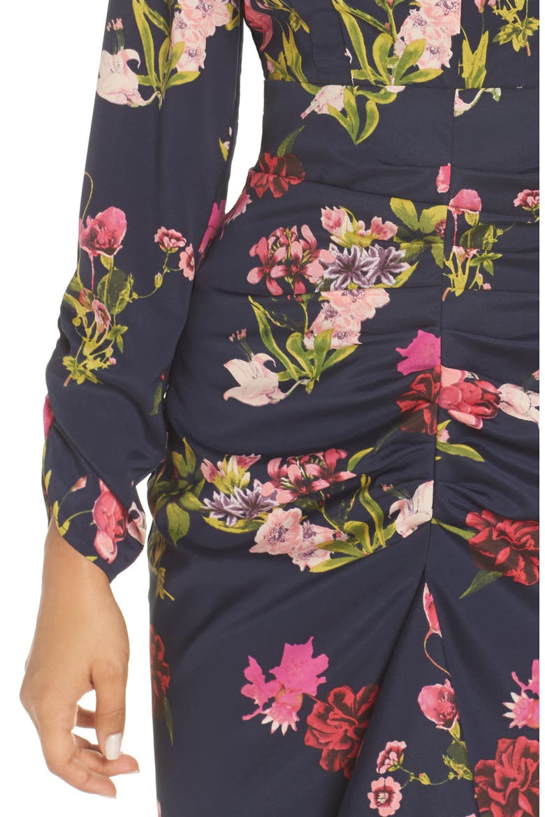 Floral Ruched Midi Dress, Alternate, color, NAVY