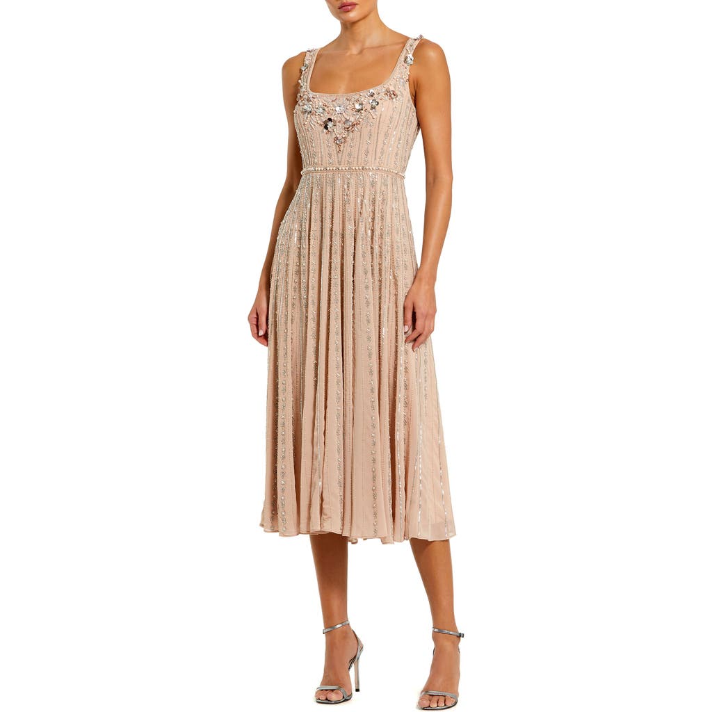 Mac Duggal Sleeveless Scoop Neck Beaded Georgette Midi Dress In Rose