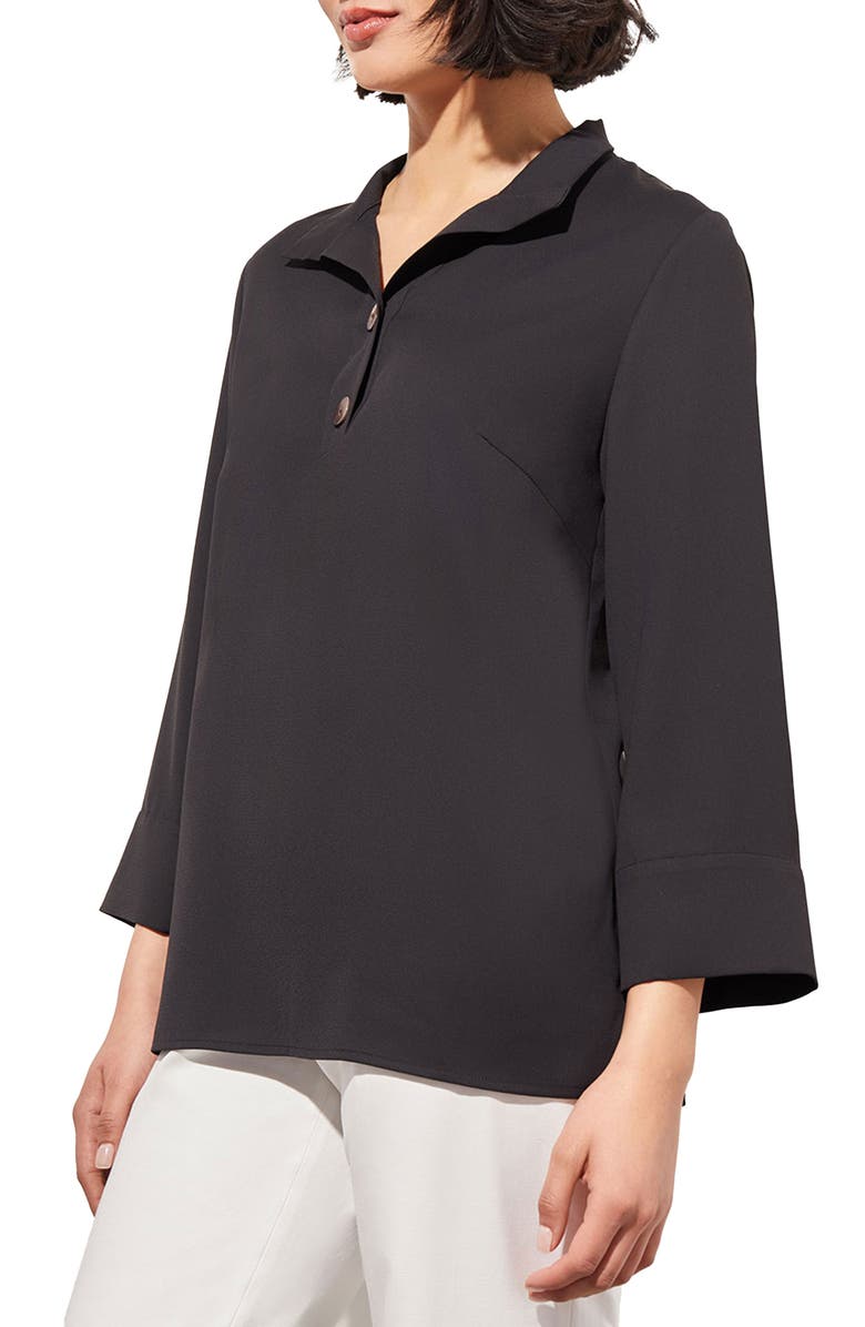 Ming Wang Heritage Fit Wing Collar Bracelet Sleeve Crêpe de Chine Top, Alternate, color, Black