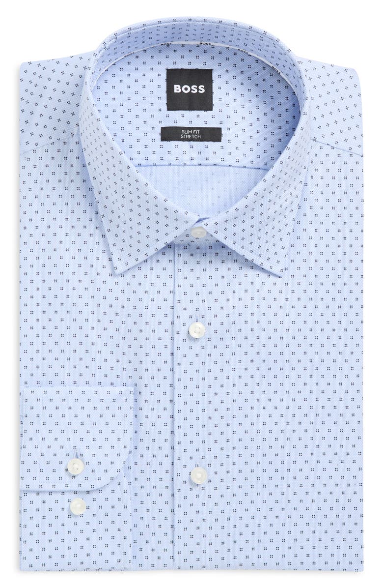 BOSS Hank Slim Fit Light Blue Neat Stretch Cotton Dress Shirt, Main, color, Light/ Pastel Blue
