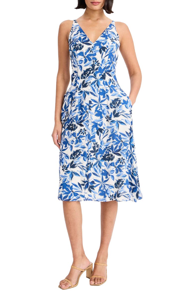 Maggy London Floral Sleeveless Fit & Flare Midi Dress, Main, color, Cream/ Navy