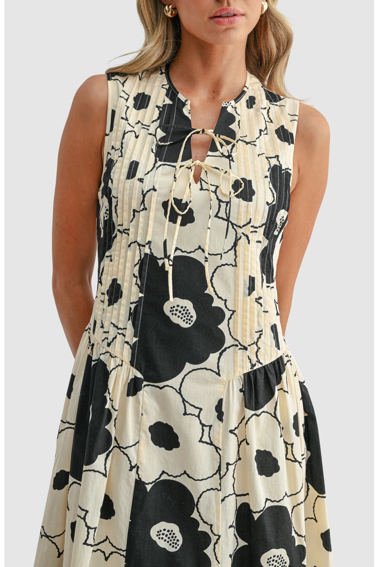 Tie Front Pleated Maxi Dress, Alternate, color, CREAM BLACK FLORAL