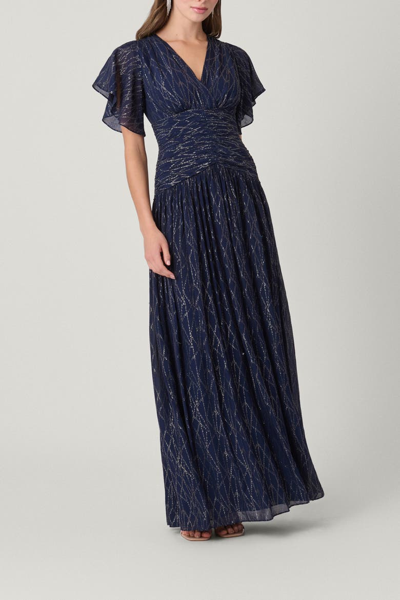 Lurex Chiffon Lilly Dress, Main, color, Indigo/Silver/Gold