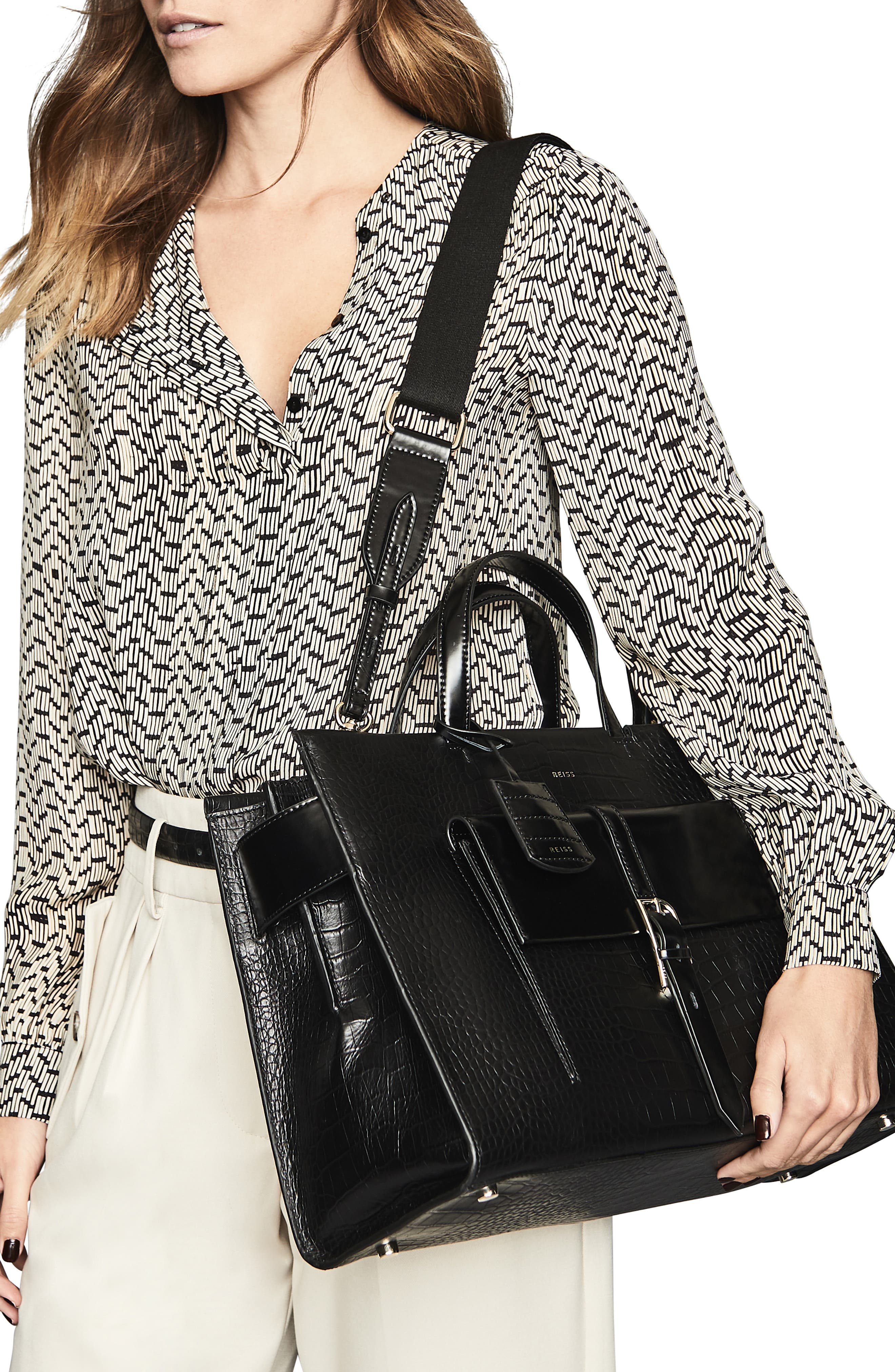 Reiss Large Picton Croc Embossed Leather Satchel, Alternate, color, 