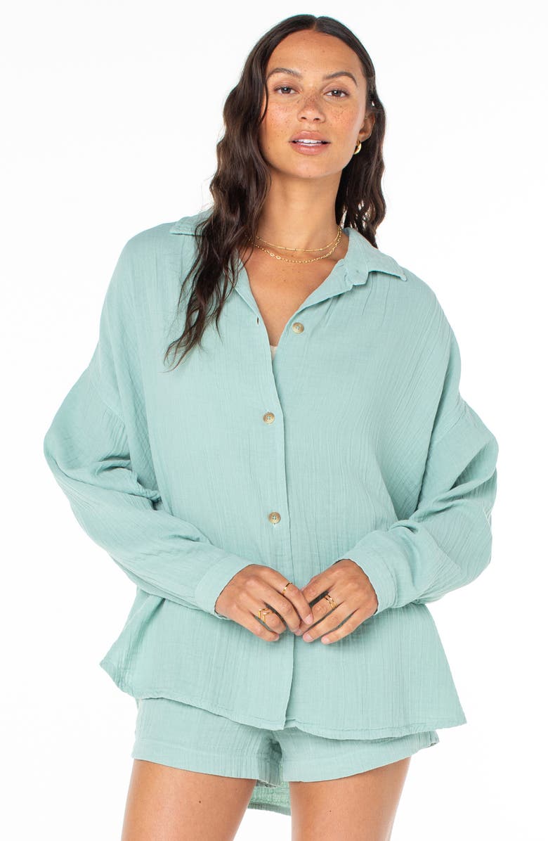 Roxy Morning Time Cotton Gauze Button-Up Shirt, Alternate, color, Aquifer Solid