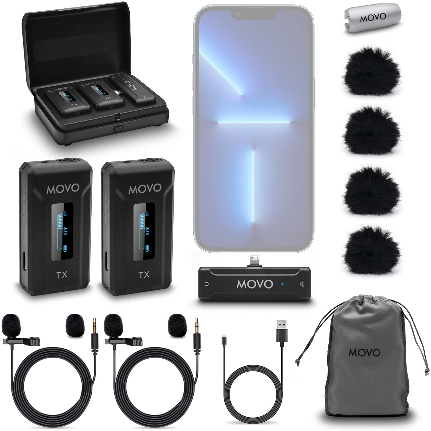 MOVO WMX-2-L-DUO Dual Wireless Lavalier Microphone with Charging Case for iPhone 14 and below in Black at Nordstrom
