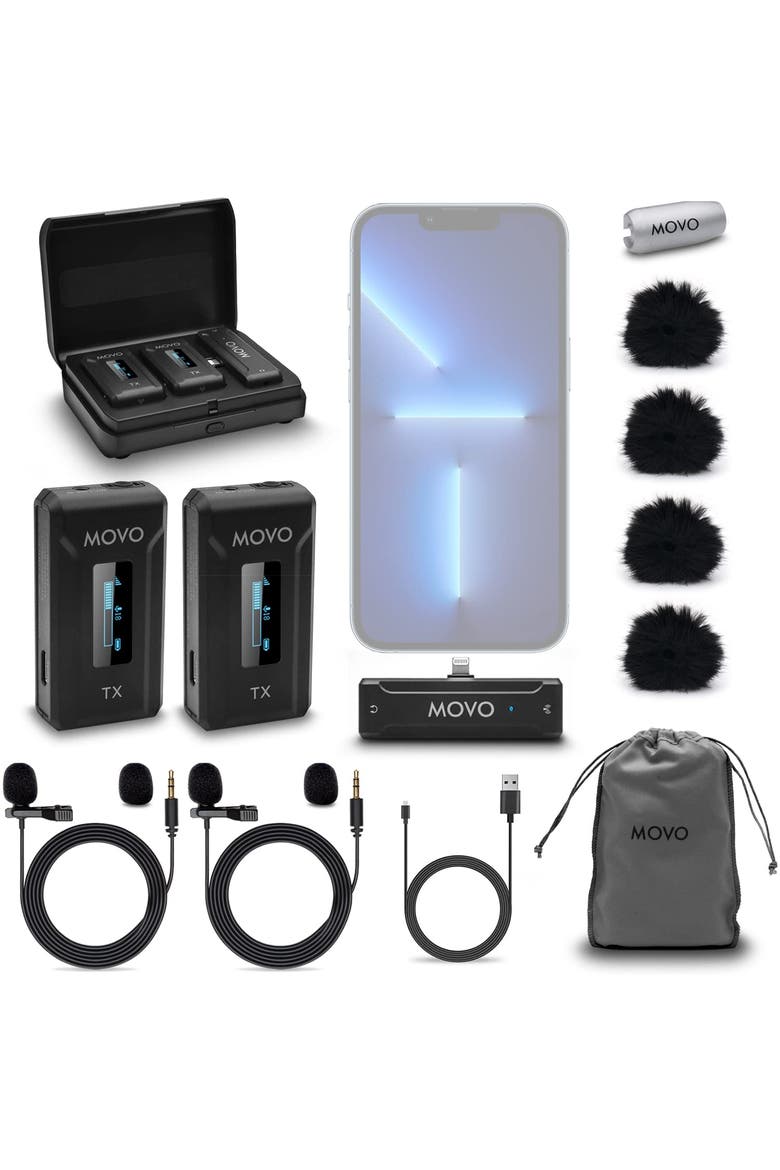 WMX-2-L-DUO Dual Wireless Lavalier Microphone with Charging Case for iPhone 14 and below, Main, color, Black