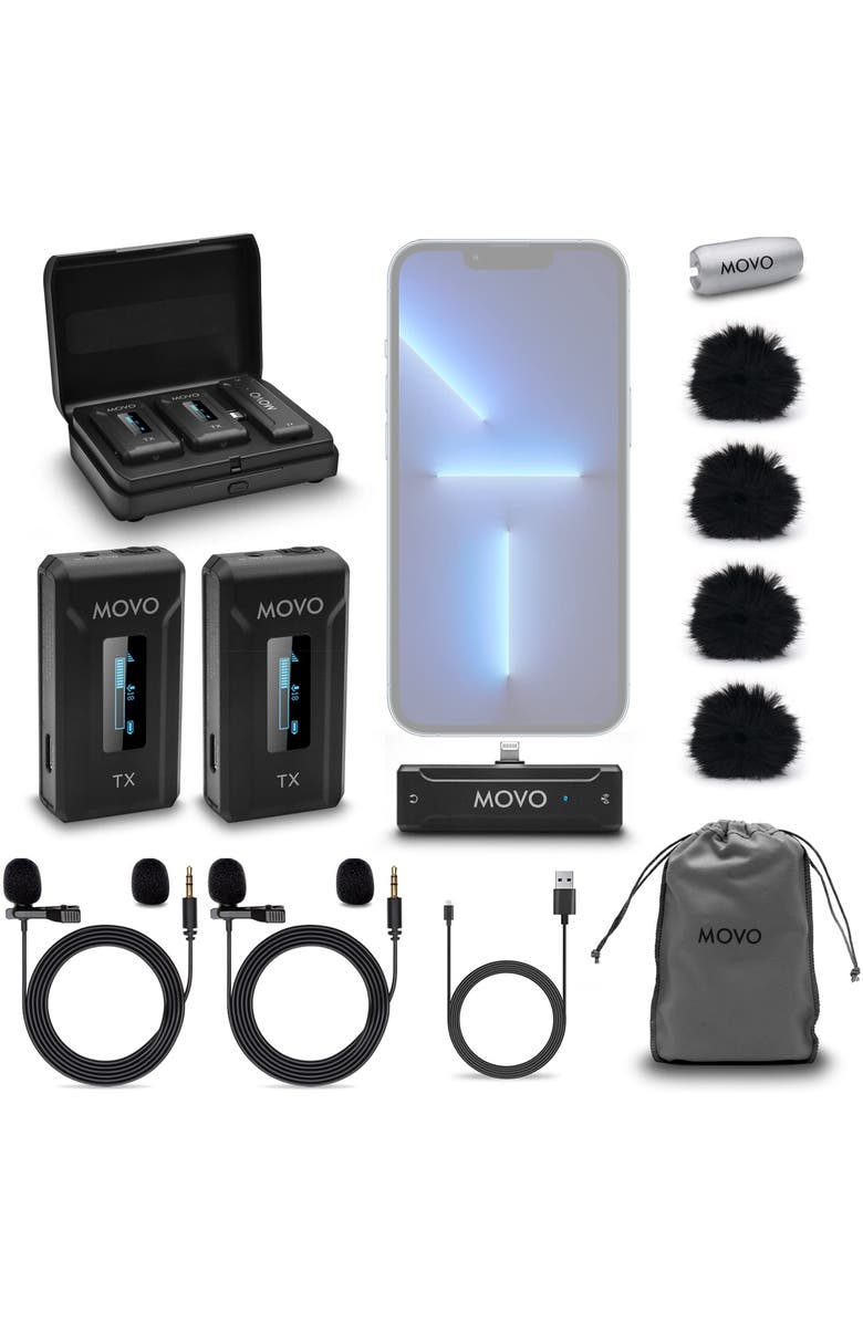 MOVO WMX-2-L-DUO Dual Wireless Lavalier Microphone with Charging Case for iPhone 14 and below, Main, color, Black