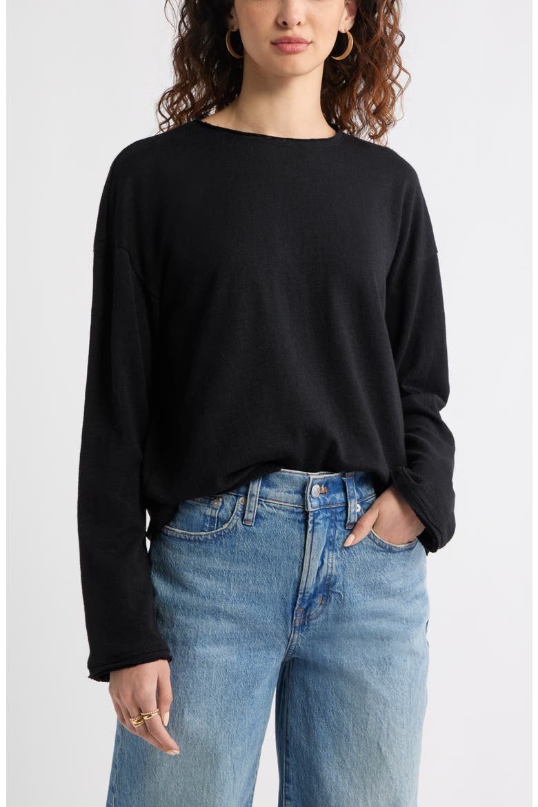Roll Crewneck Boxy Long Sleeve Cotton Blend Top, Main, color, BLACK