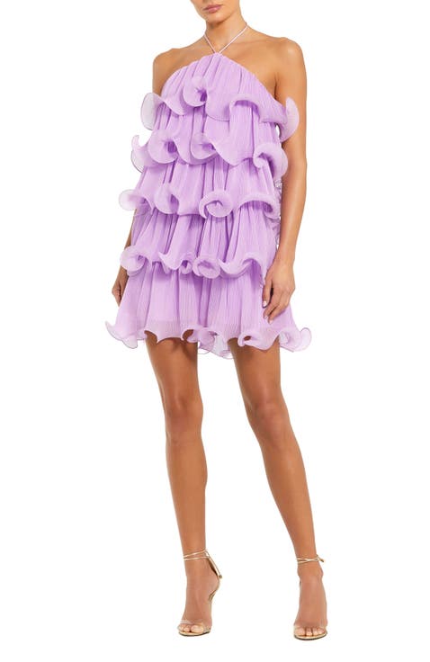 Flowy Purple Ruffle Dress with Halter Neck and Tiered Skirt