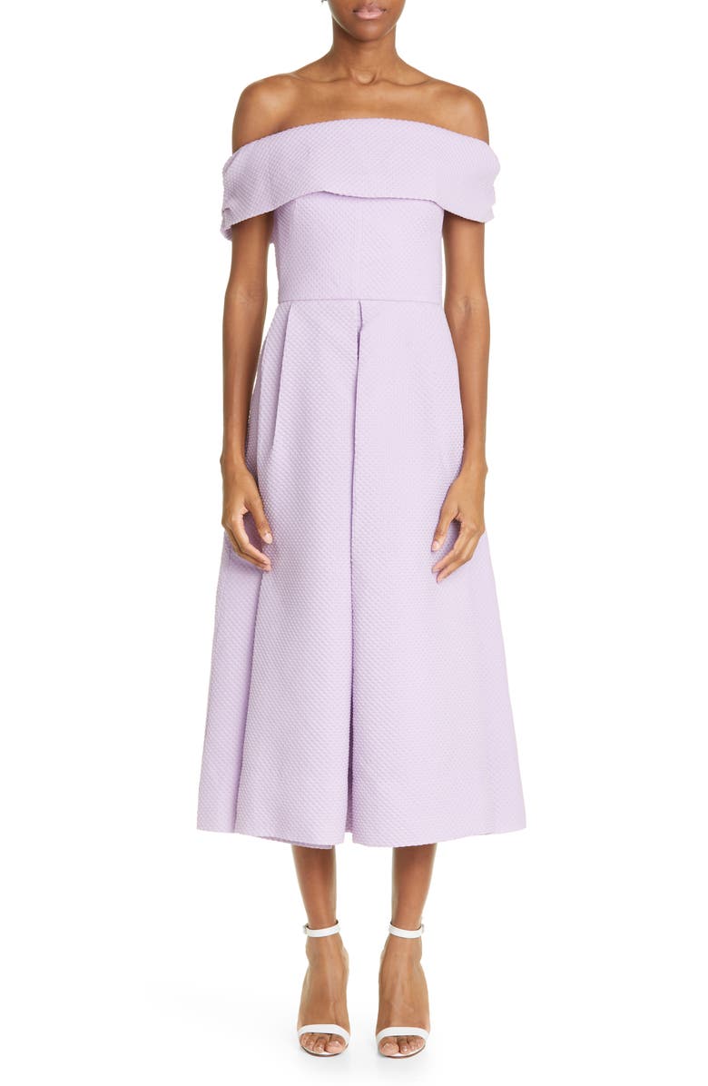 Lela Rose Diamond Jacquard Off the Shoulder Midi Dress, Main, color, 