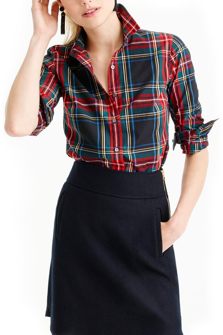 J.Crew Perfect Stewart Plaid Shirt, Main, color, BLACK