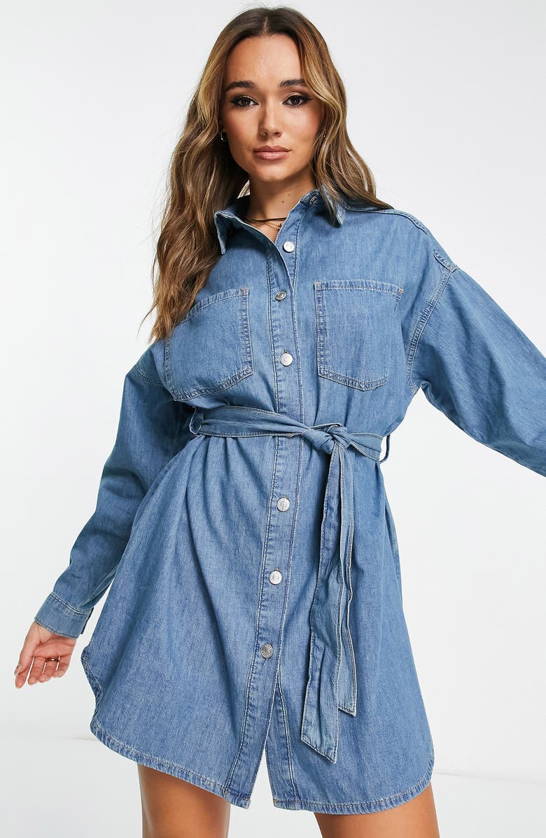 ASOS DESIGN Belted Long Sleeve Denim Shirtdress, Alternate, color,