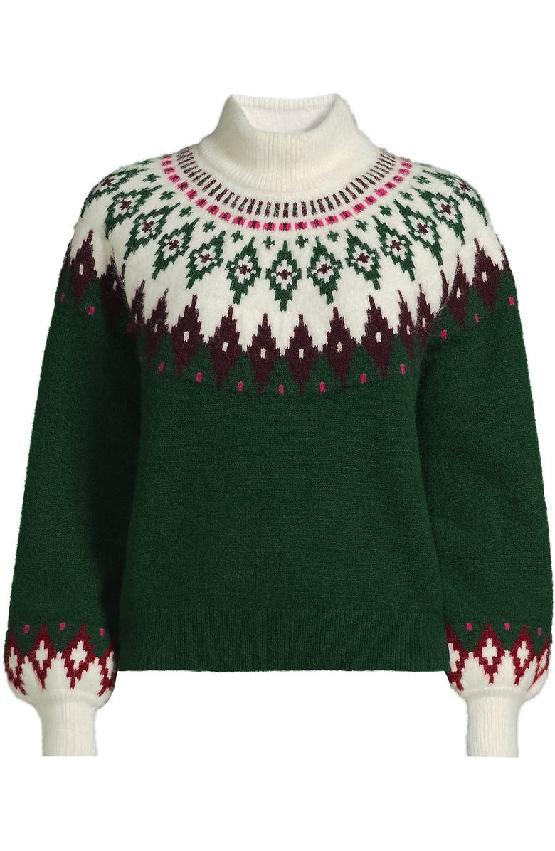 Lands' End Fuzzy Turtleneck Lantern Sleeve Jacquard Sweater, Alternate, color, Pine Valley Fairisle