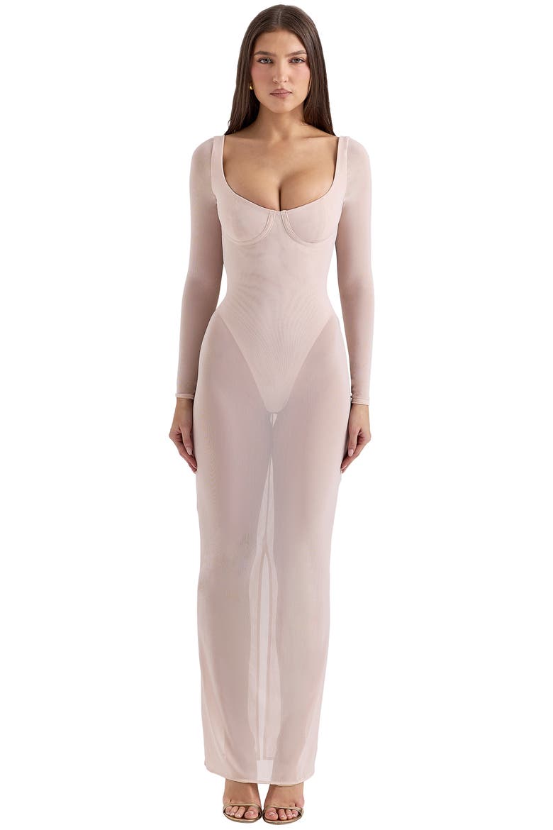Everly Long Sleeve Sheer Mesh Cocktail Maxi Dress, Alternate, color, SILVER PEONY