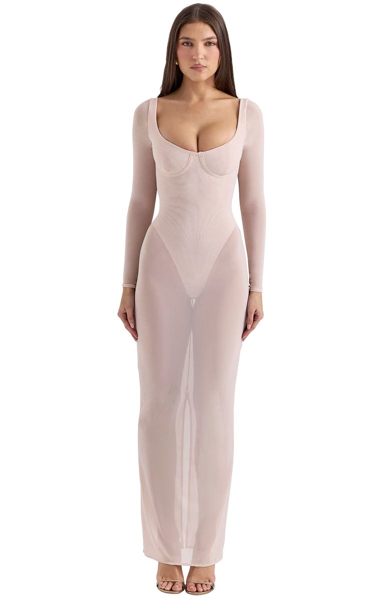 HOUSE OF CB Everly Long Sleeve Sheer Mesh Cocktail Maxi Dress, Alternate, color, Silver Peony