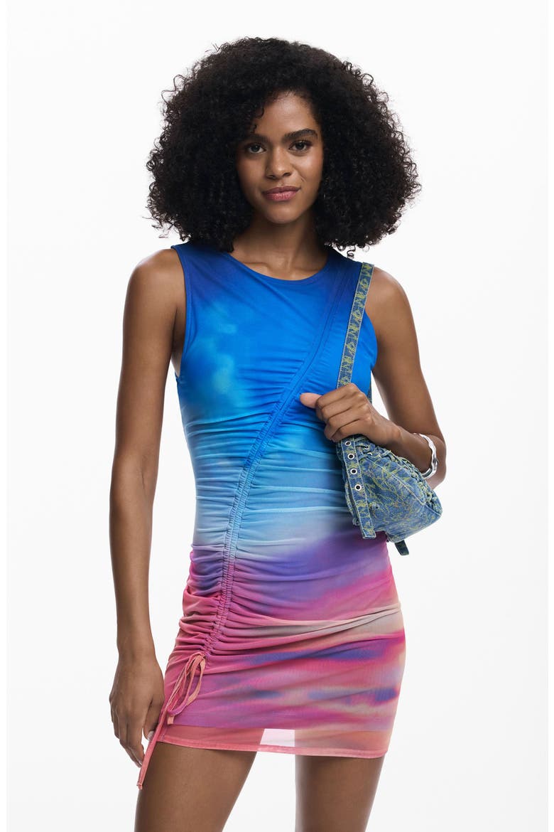 Print Ruched Sleeveless Minidress, Alternate, color, BLUE