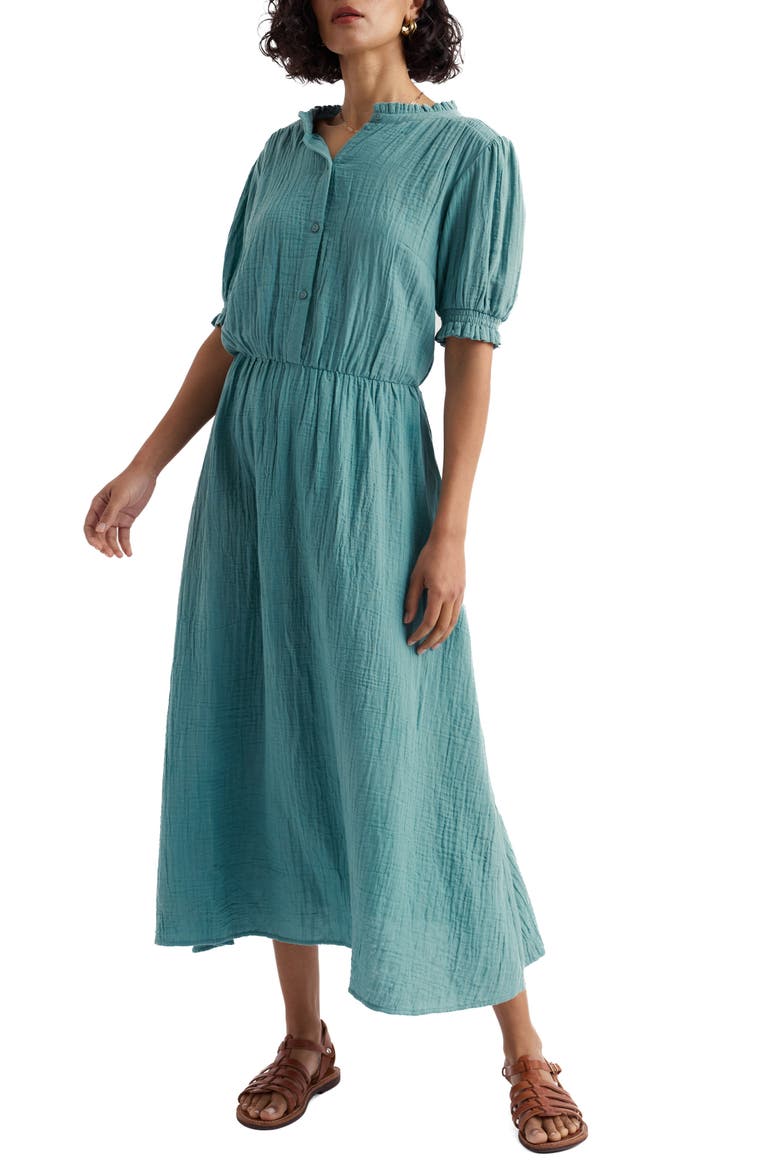 cotton gauze midi dress Women's Gauze Smocked Square Neck Midi Dress in Indigo Blue, Size XL, Organic Cotton by Quince