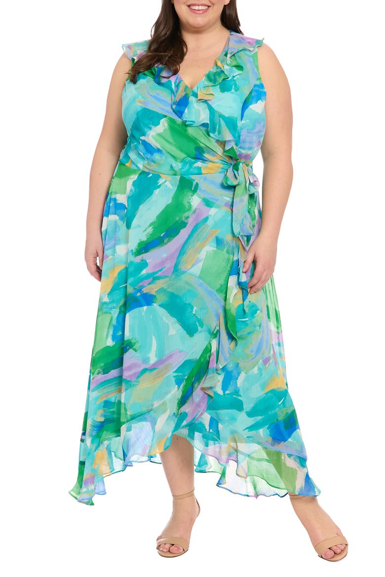 Ruffle Faux Wrap Maxi Dress, Main, color, SOFT WHITE/ AQUA
