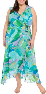 London Times Ruffle Faux Wrap Maxi Dress