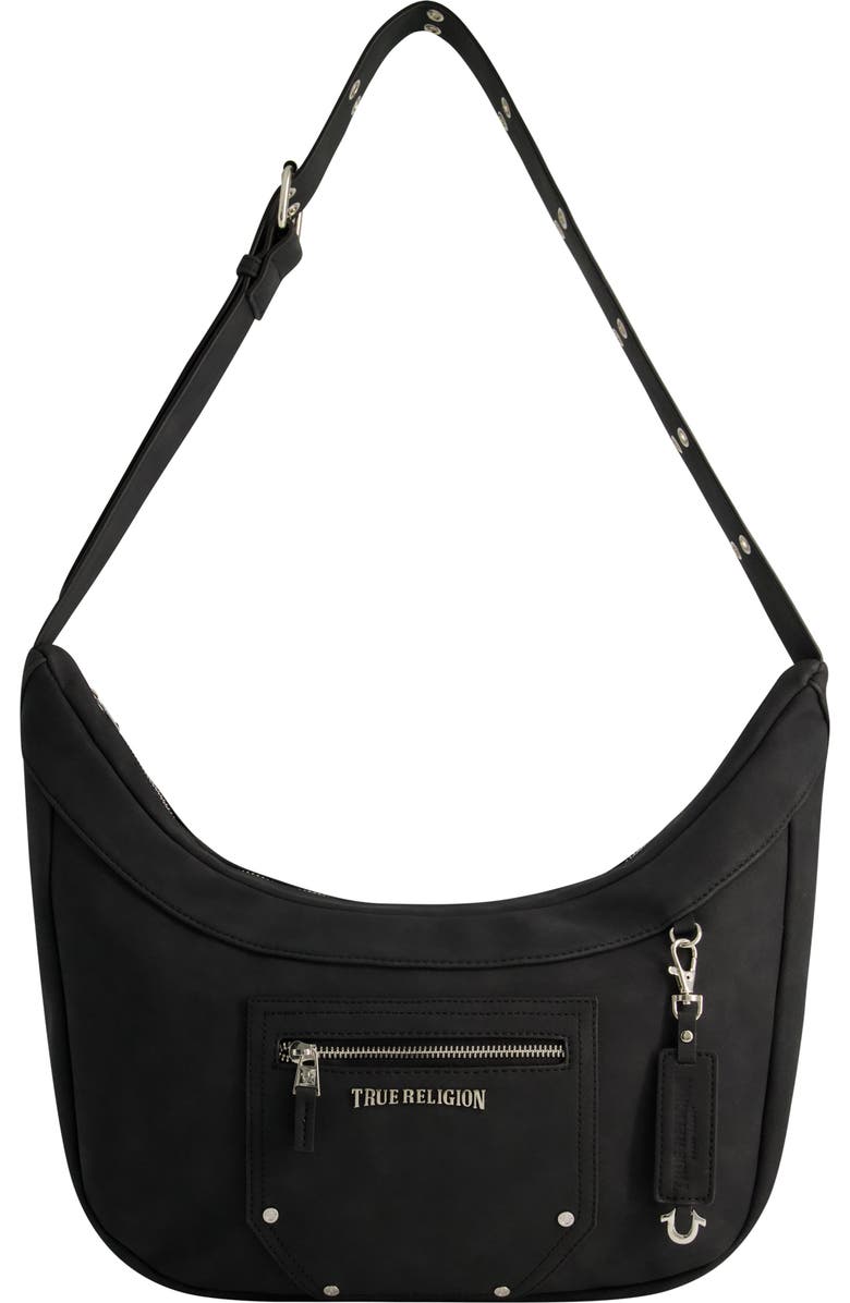 True Religion Suede Zip Top Hobo, Main, color, Black