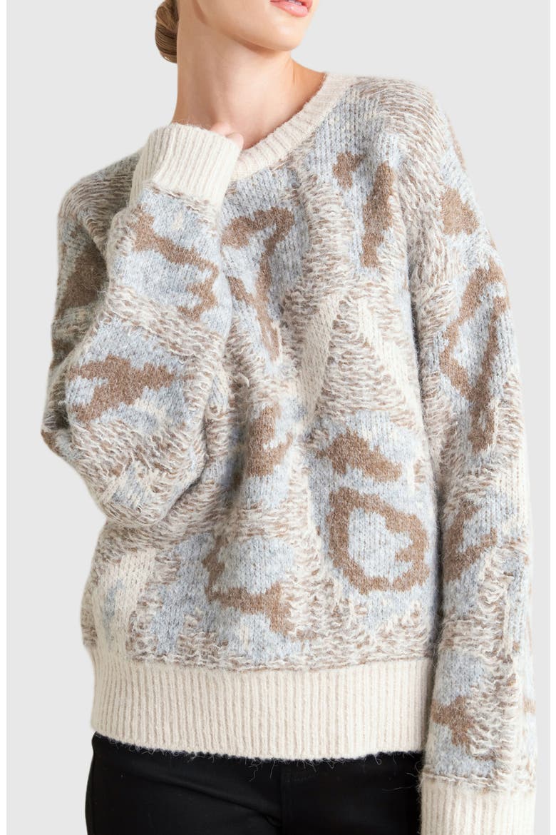 Intarsia Pattern Crewneck Sweater, Alternate, color, CREAM/ HEATHER GREY