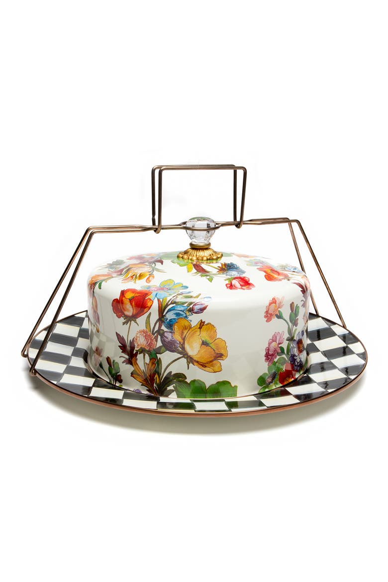 Flower Market Enameled Steel Cake Carrier, Main, color, WHITE MULTI