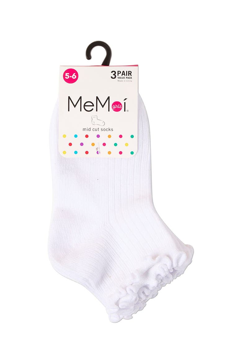 3 Pair Pack Ruffle Mid Cut Socks, Alternate, color, White