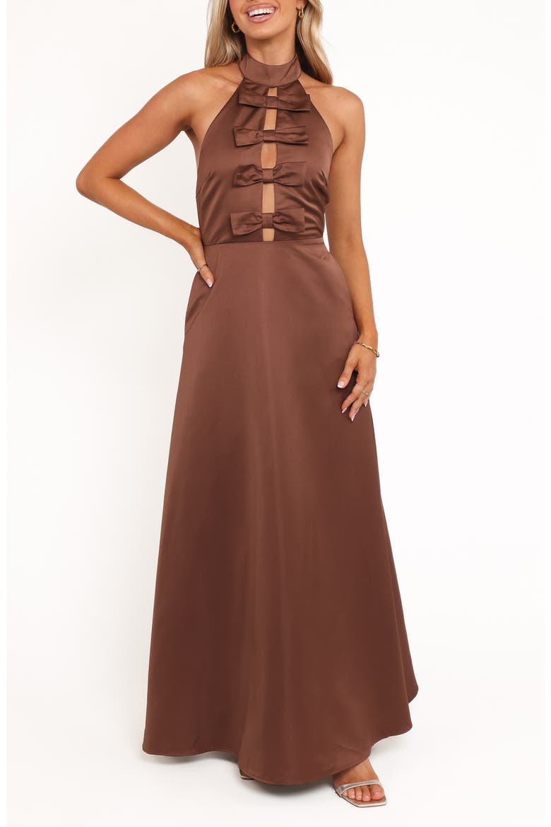 Norva Bow Front Halter Satin Maxi Dress, Main, color, BROWN