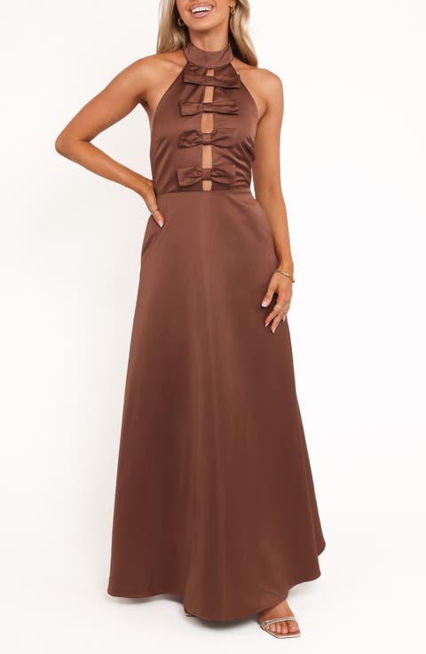 Norva Bow Front Halter Satin Maxi Dress