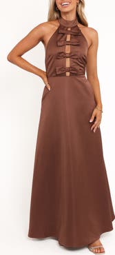 Petal & Pup Norva Bow Front Halter Satin Maxi Dress