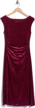 Connected Apparel Shirred Waist Velvet Mesh Midi Dress