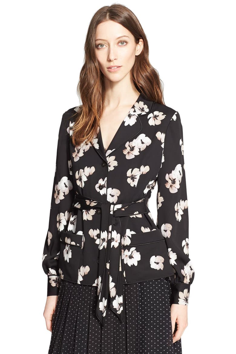 Floral Print Silk Twill Blazer, Alternate, color, BLACK FLORAL MOTIF PRINT