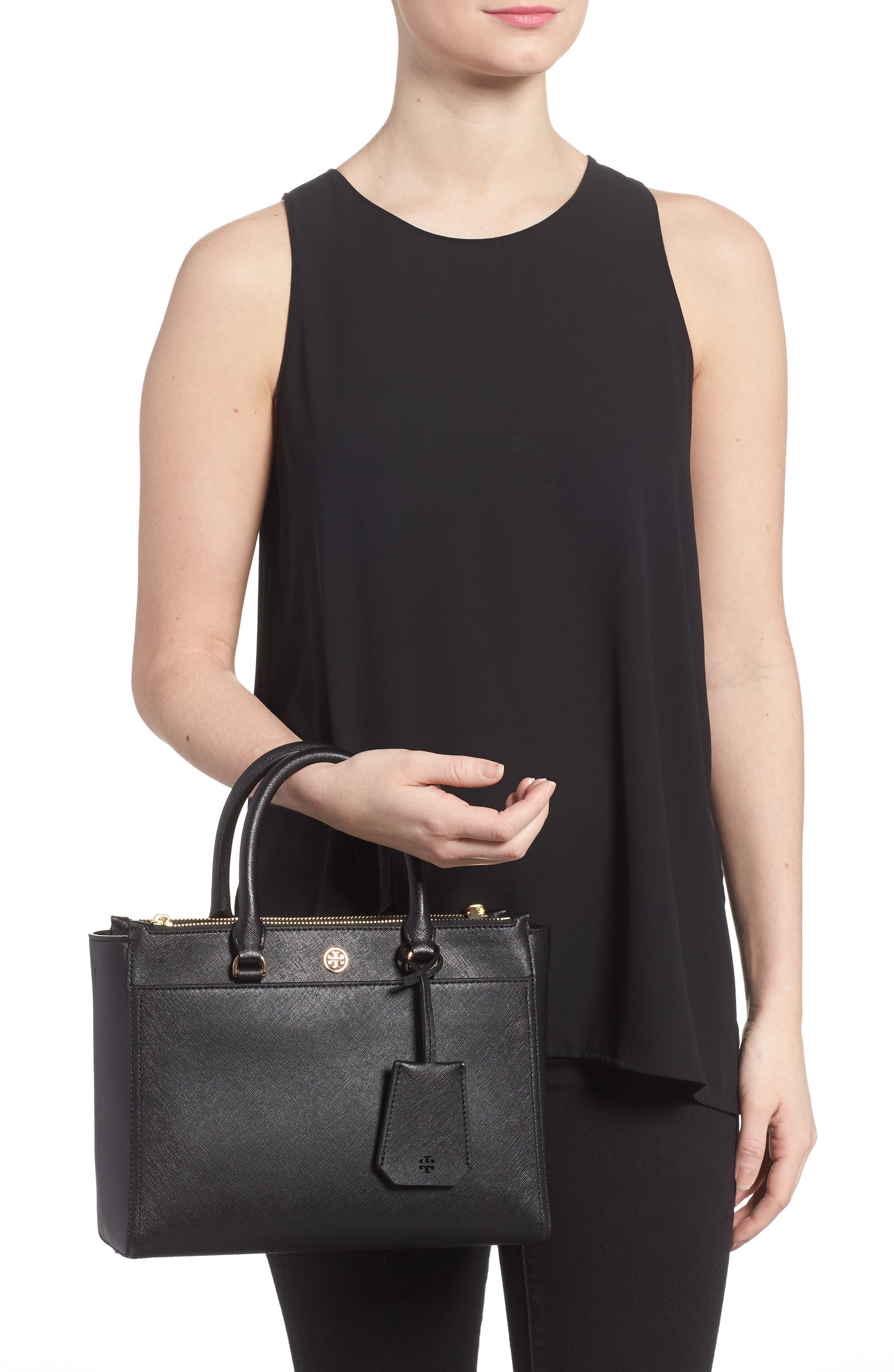 Small Robinson Double-Zip Leather Tote, Alternate, color, BLACK / ROYAL NAVY