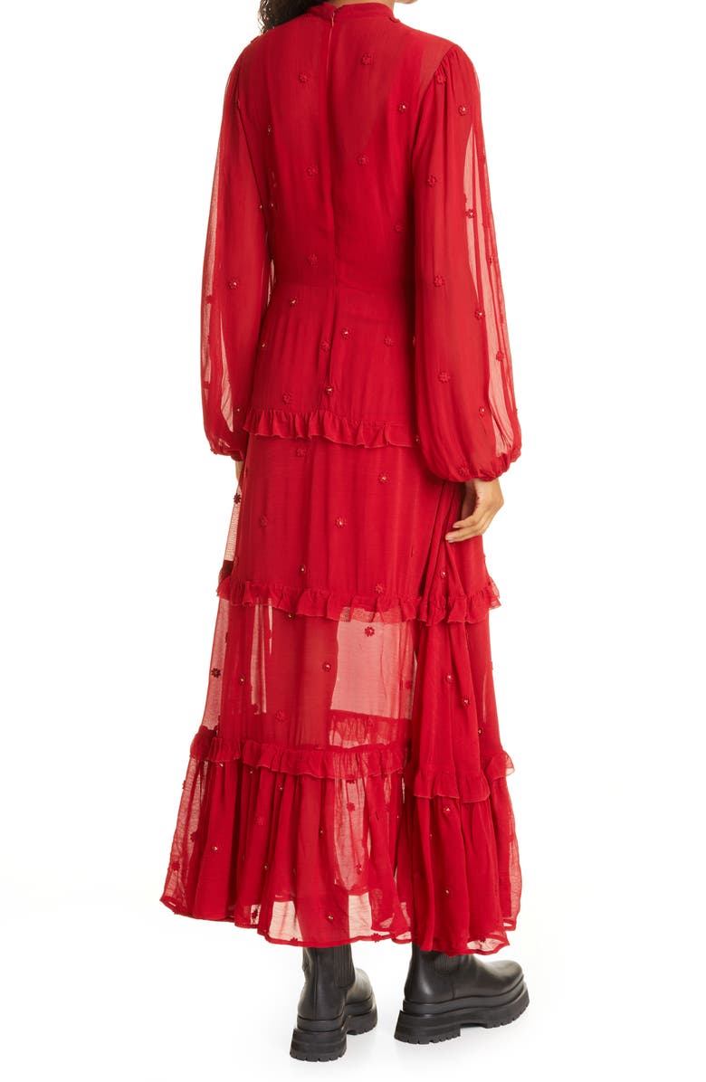 FARM Rio Red Ruffle Long Sleeve Maxi Dress, Alternate, color, 