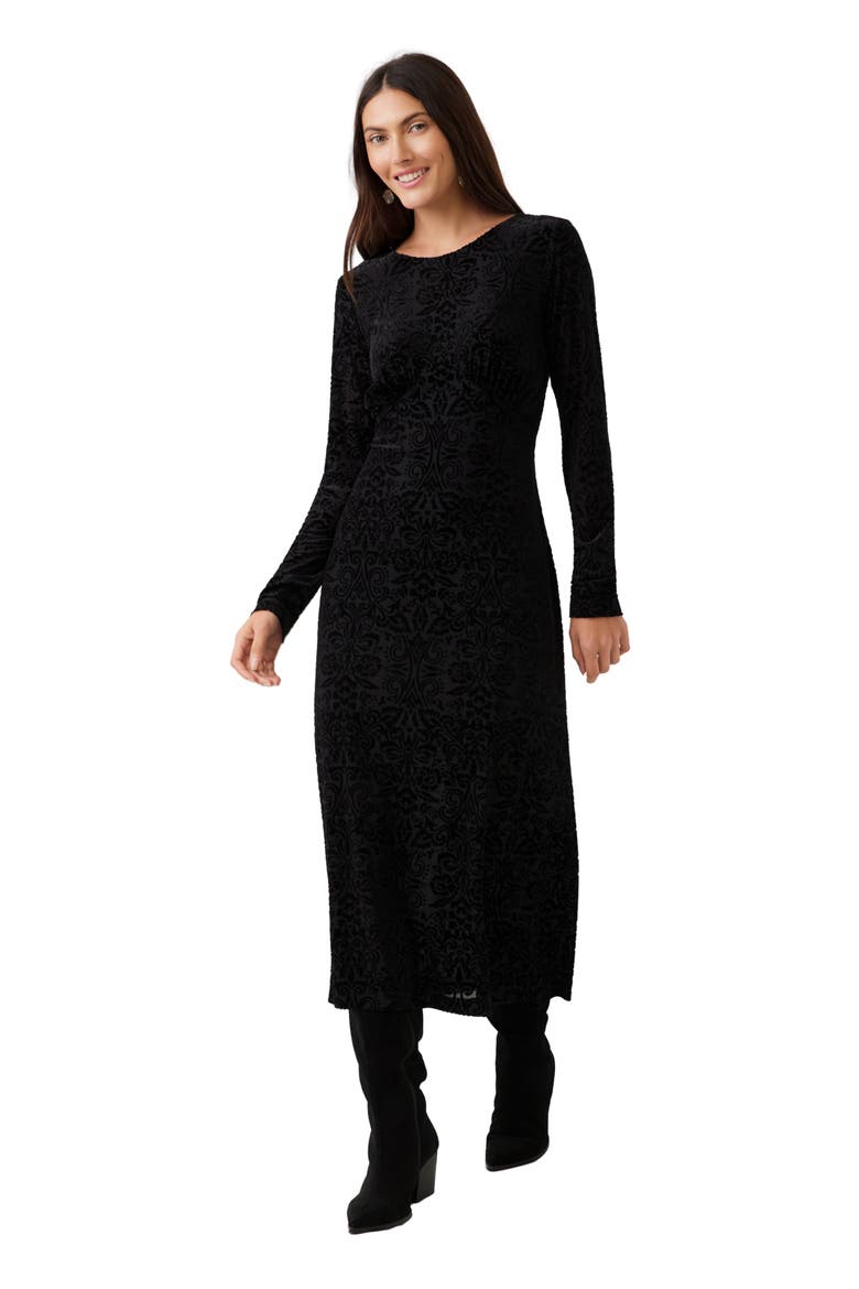 Velvet Burnout Midi Dress, Alternate, color, BLACK