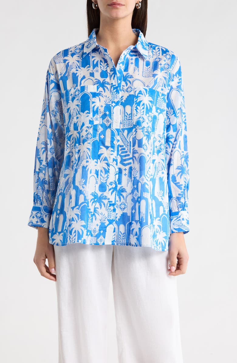 SUGARLIPS Nala Regie Print Cotton Button-Up Shirt, Main, color, White-Blue
