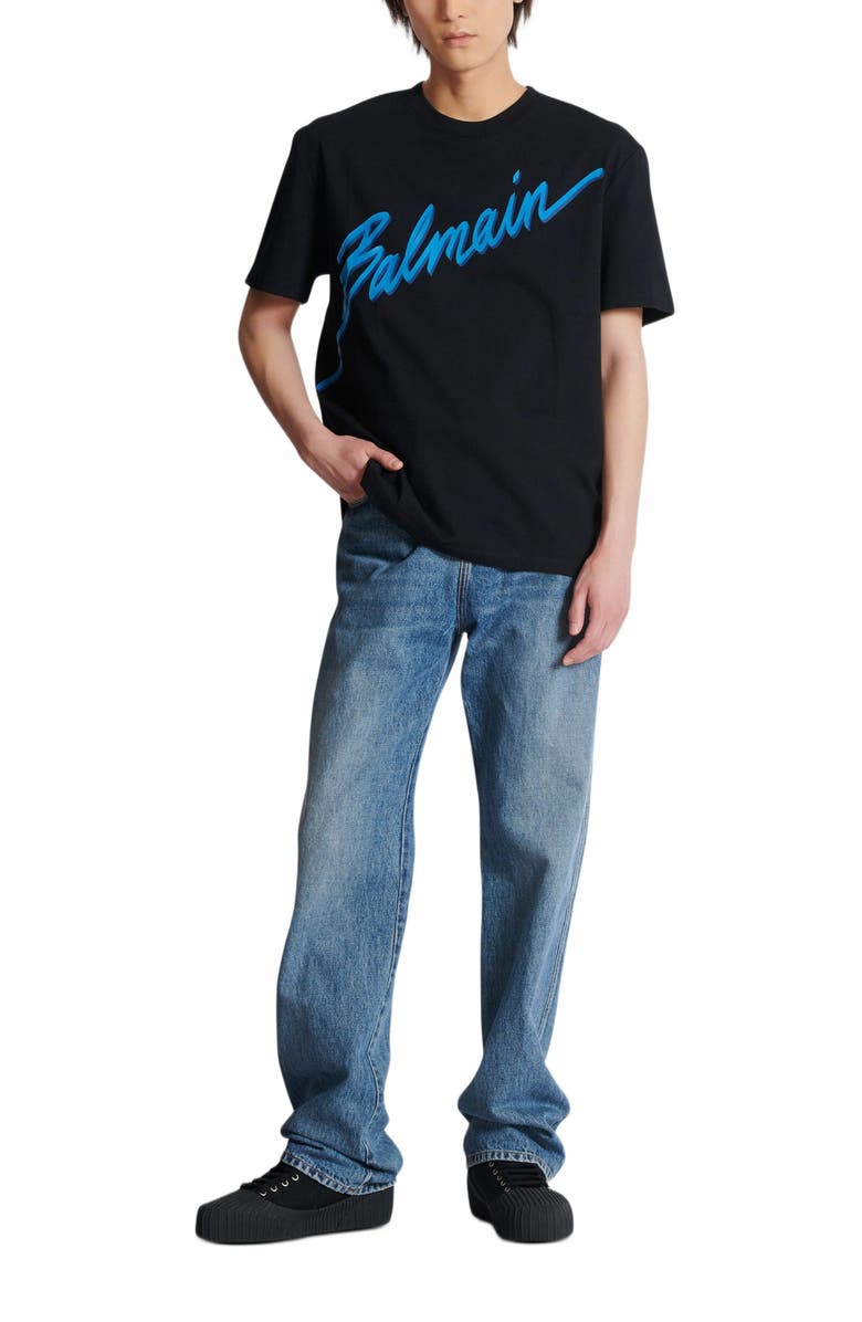 Balmain Lettre Flocked T-Shirt, Alternate, color, Blue