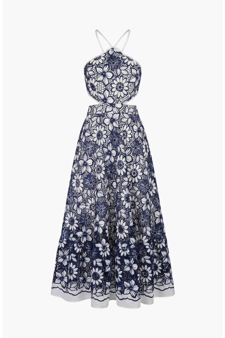 Halter Dress with Vintage Embroidery and Cutout Waist, Alternate, color, Blue