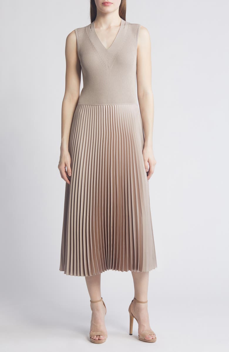 BOSS Farara Mixed Media Pleated Sleeveless Dress, Main, color, 