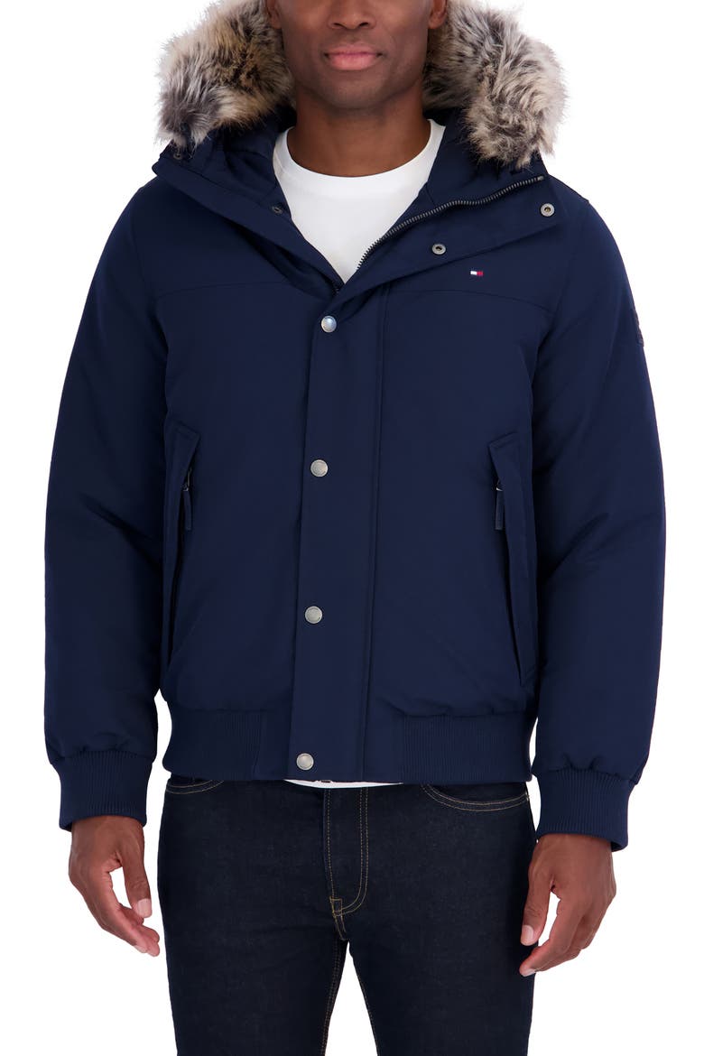 Snorkel Water Resistant Bomber Jacket with Faux Fur Trim, Main, color, MIDNIGHT