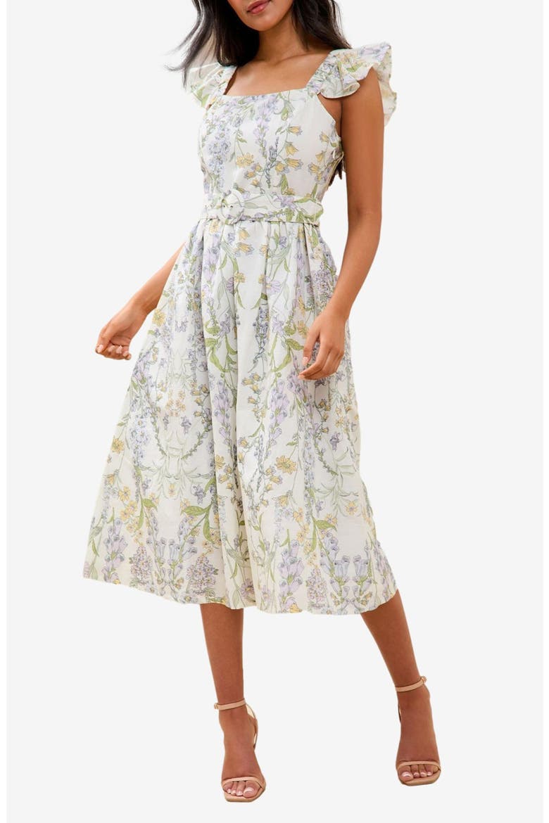 Floral Print Ruffle Belted Midi Dress, Main, color, WHITE