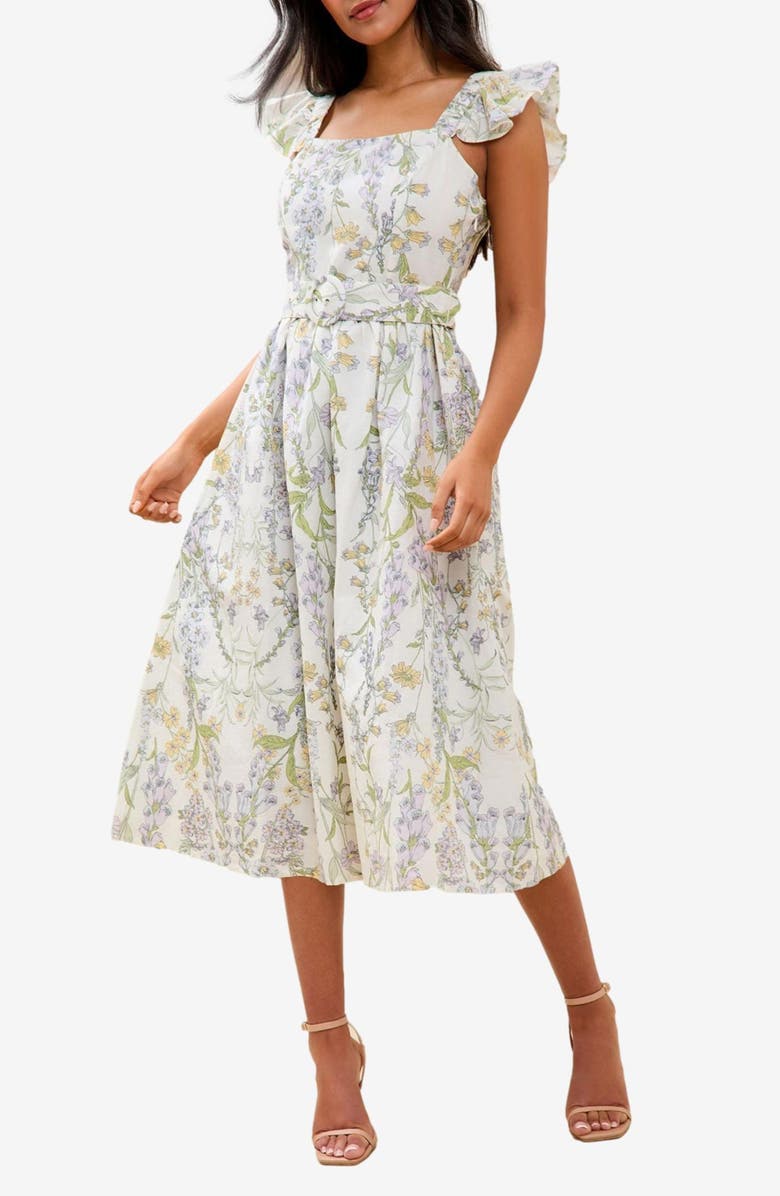 Lipsy Floral Print Ruffle Belted Midi Dress, Main, color, White
