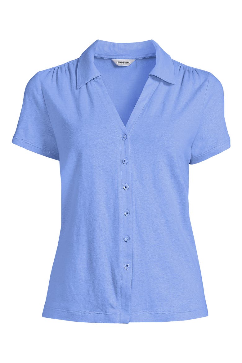 Plus Size Linen Blend Short Sleeve Button Front Polo Top, Alternate, color, Clear Blue Sky