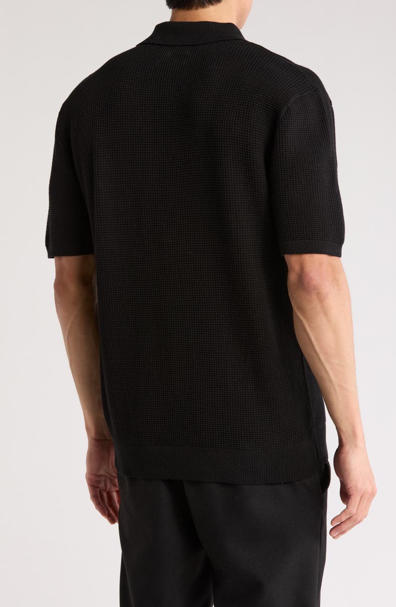 DENIM AND FLOWER Black Short Sleeve Textured Cotton Polo Sweater, Alternate, color, Black