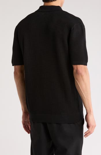 Black Short Sleeve Textured Cotton Polo Sweater