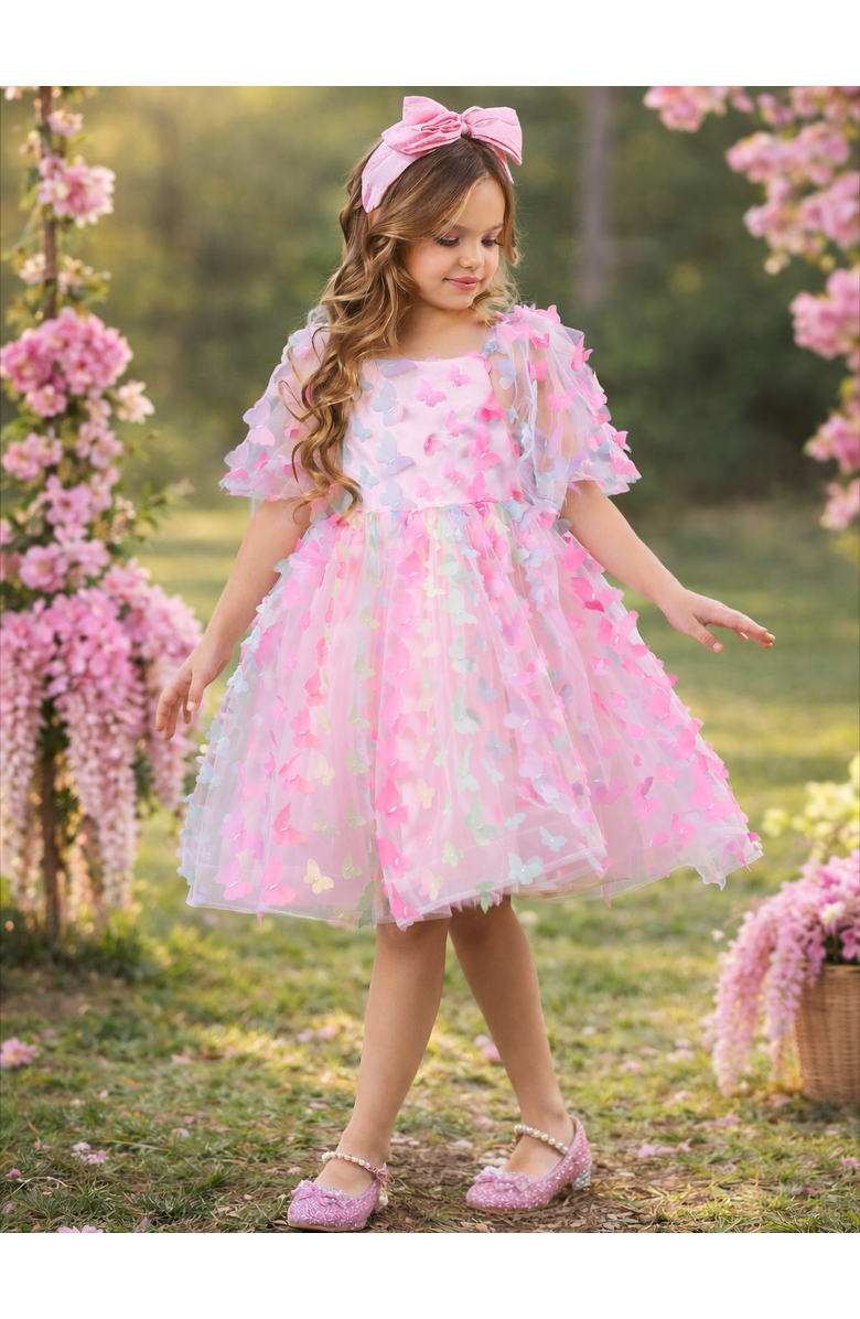 Mia Belle Girls Butterfly Bliss 3D Applique Party Dress, Alternate, color, Pink