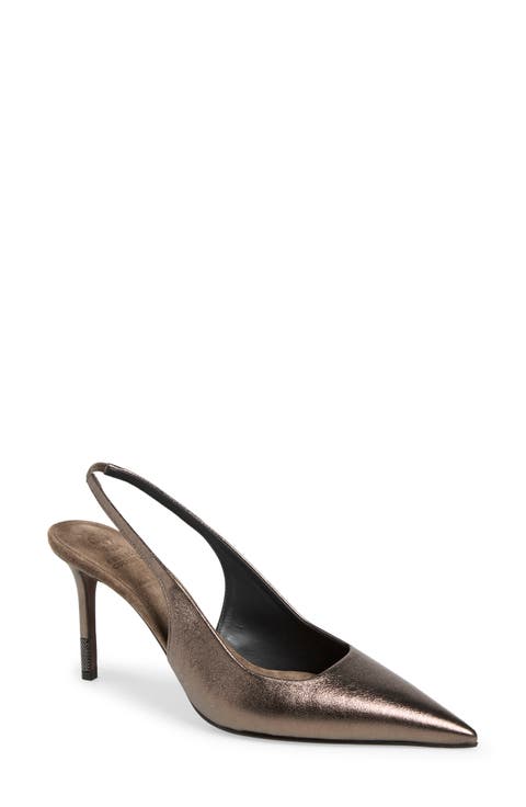 Metallic Pointed Toe Leather Slingback Pump